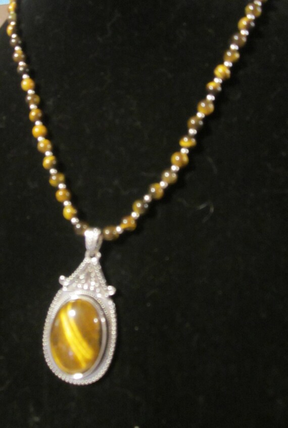 Tiger eye and silver beaded pendant necklace - image 1