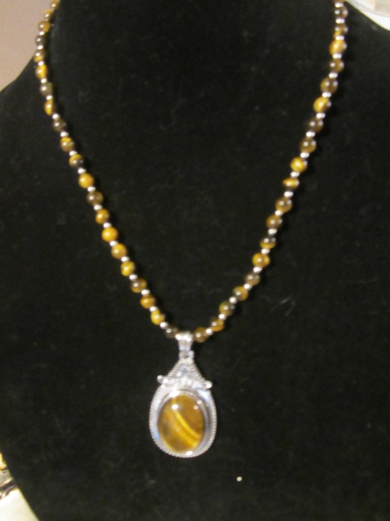 Tiger eye and silver beaded pendant necklace - image 2