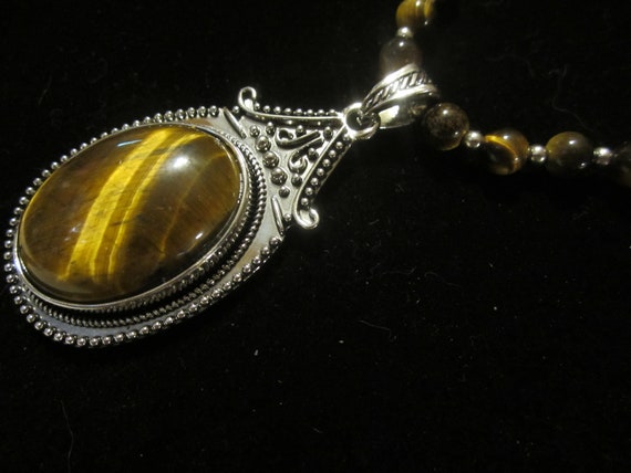 Tiger eye and silver beaded pendant necklace - image 3