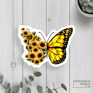 Sunflower Butterfly Vinyl Sticker, Die Cut Sticker, Water Bottle Decal, Tumbler Sticker, Car Decal, Sunflower Sticker, Butterfly Sticker