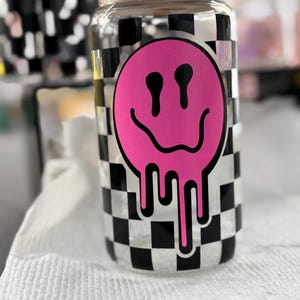 Drippy Smiley Face Glass Can | Half Checkered Iced Coffee Cup with Bamboo Lid & Straw | Trendy Aesthetic Tumbler | Fun Gift Coffee Lover