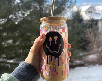 Drippy Smiley Gesicht Glasdosen Tasse | Kariertes Eiskaffeeglas | Ästhetisches Dosenglas | Süsses Trinkglas