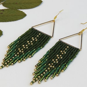 Boho fringe beaded earrings with Triangle frame, Dangle Green bead Granola girl jewelry