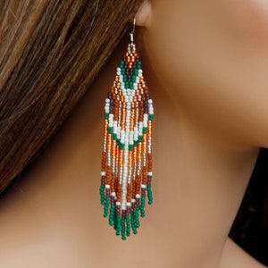 Vibrant bead fringe earrings, Long beaded earrings dangle Native beadwork Statement jewelry for women