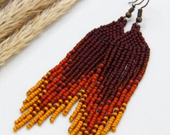 Autumn beaded fringe earrings, Seed bead earrings fall, Cascade boho earrings dangle