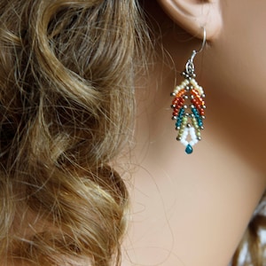 Colorful feather seed bead earrings, Bead woven Native beadwork for women