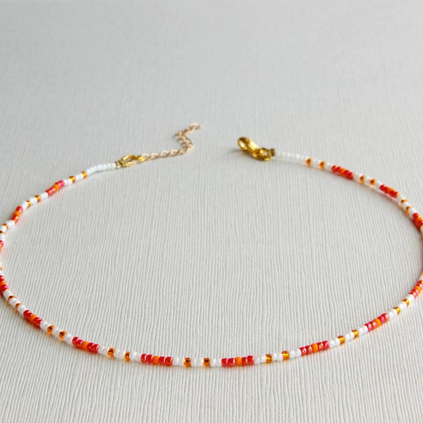 Coral colored Small beaded choker, Summer Seed bead necklace, Dainty beaded choker  Native beadwork