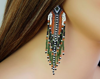Earthy bead fringe earrings, Native boho earrings long, Western jewelry
