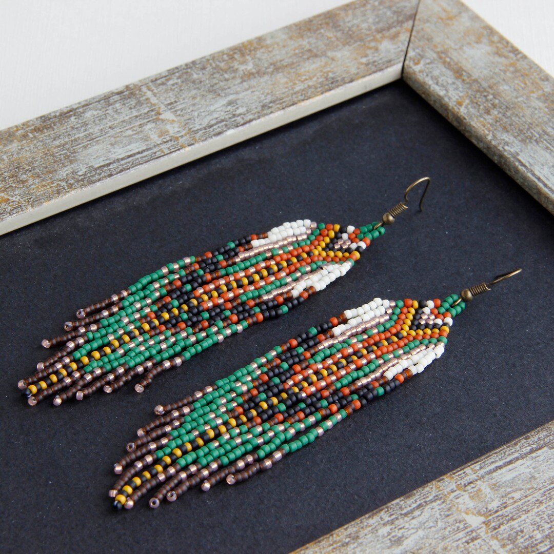 Seed Bead Fringe Earrings, Long Boho Dangle Native Beadwork - Etsy