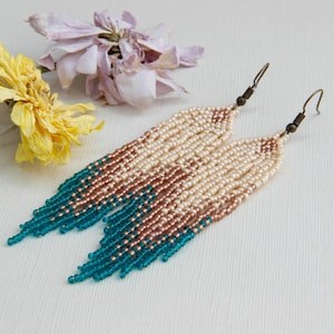 Bohemian Handmade Ivory Emerald fringe earrings, Boho dainty beaded earrings dangle for women
