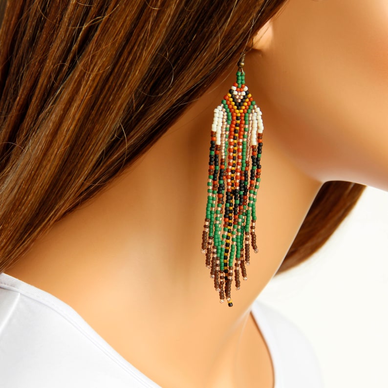 Seed Bead Fringe Earrings, Long Boho Dangle Native Beadwork - Etsy
