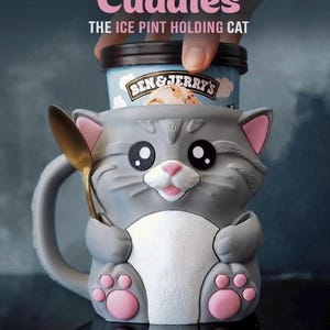 Cuddles the Cat Ice Cream Pint Holder with Snack Drawer for regular ice cream pints, custom colors available upon request.