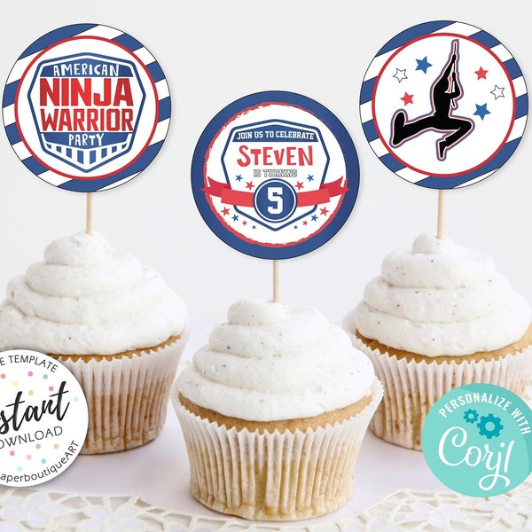 American Ninja Warrior Cupcake Toppers, Birthday Cupcake, Cupcake Toppers, Digital-Print Yourself-INSTANT DOWNLOAD Ninja Warrior Cupcake