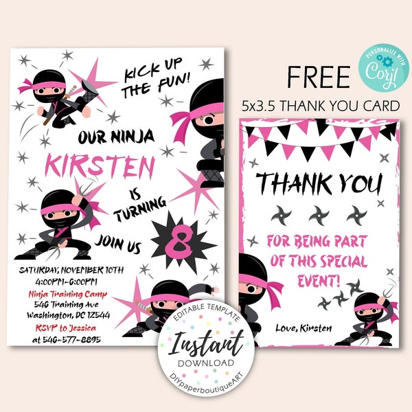 Ninja Birthday Invitation, Martial Arts Invite, Ninja Party Invite, Warrior Birthday Invitation, Ninja Girl, FREE Thank You Card, Corjl