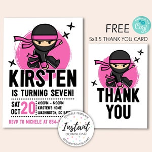 Ninja verjaardagsuitnodiging, Martial Arts uitnodigen, Ninja Party uitnodigen, Warrior verjaardagsuitnodiging, Ninja meisje, gratis Bedankkaart, Corjl