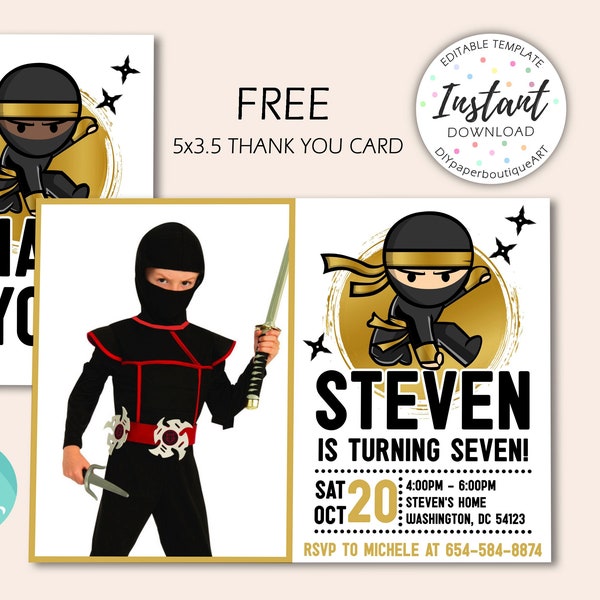 Ninja Birthday Invitation, Martial Arts Invite, Ninja Party Invite, Warrior Birthday Invitation, Digital File, FREE Thank You Card, Corjl