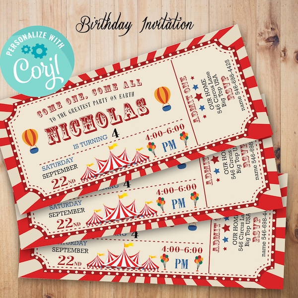 Carnival Ticket Birthday Invitation, Circus Party, Circus invitation, Carnival Theme Party,Birthday carnival party invite