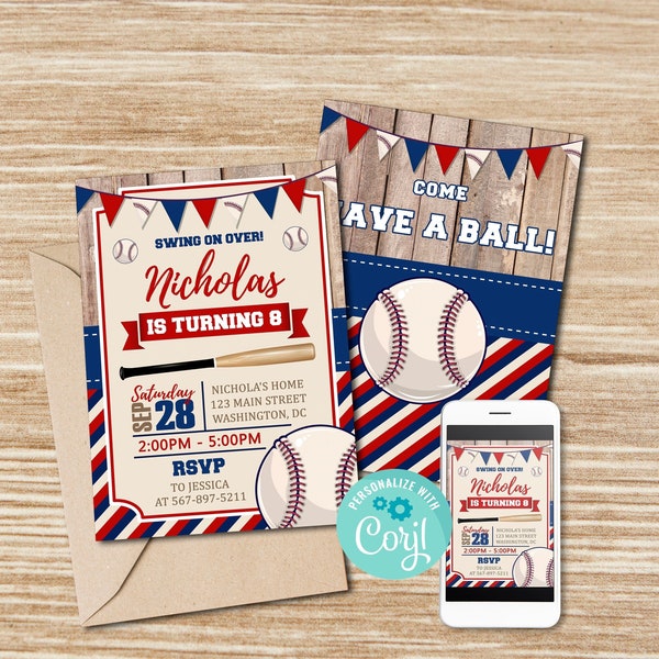 Baseball Birthday Invitation Rookie of the Year Invitation,Swing on Over, Editable baseball team party, Birthday Invitation, CORJL, Editable