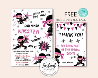 Ninja Birthday Invitation, Martial Arts Invite, Ninja Party Invite, Warrior Birthday Invitation, Ninja Girl, FREE Thank You Card, Corjl