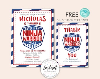 Ninja Warrior Birthday Invitation,Ninja Warrior Birthday, Ninja Warrior Party, Ninja Warrior Invite, Favor Tags, Ninja, Thank You, CORJL