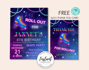 Roller skating birthday invitation, Let's roll roller skate party invitation, Girls neon rainbow glow,INSTANT DOWNLOAD. Editable, CORJL