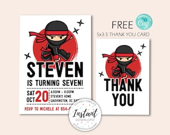 Ninja Birthday Invitation, Martial Arts Invite, Ninja Party Invite, Warrior Birthday Invitation, Digital File, FREE Thank You Card, Corjl