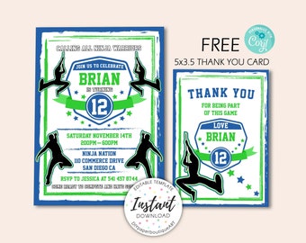 Ninja Warrior Birthday Invitation, Ninja Warrior Birthday, Ninja Warrior Party, Ninja Warrior Invite, Favor Tags, Thank You, CORJL