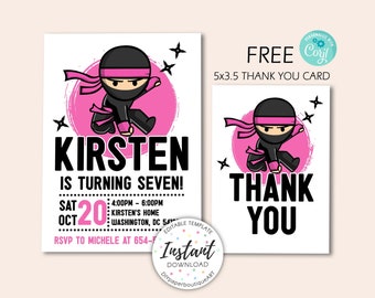 Ninja Birthday Invitation, Martial Arts Invite, Ninja Party Invite, Warrior Birthday Invitation, Ninja Girl, FREE Thank You Card, Corjl