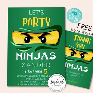 Ninja Go verjaardagsuitnodiging, karate verjaardag, ninja feestuitnodiging, krijger verjaardagsuitnodiging, digitaal bestand, gratis bedankkaart, Corjl