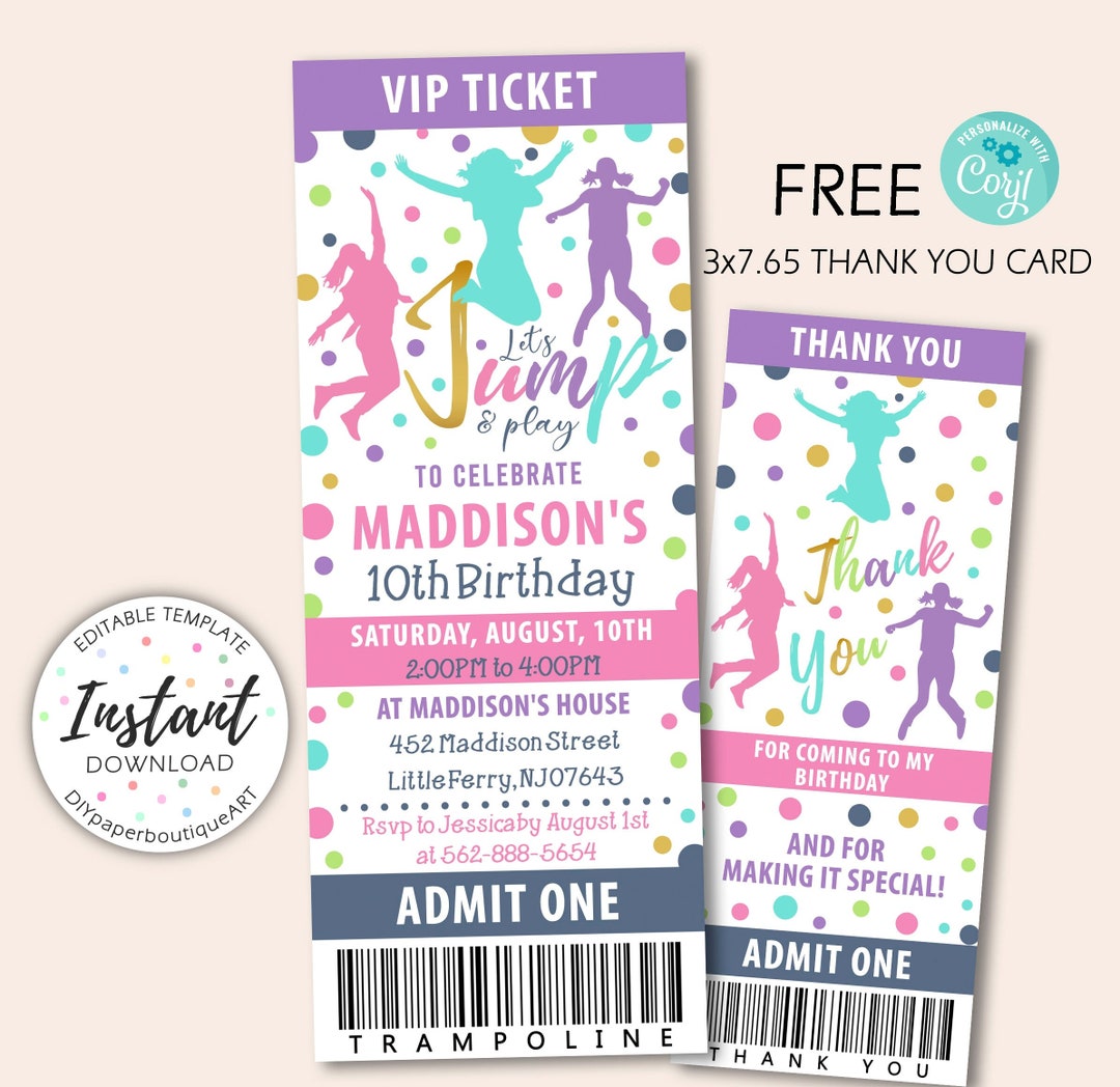 Jump Birthday Ticket - Trampoline Party Invitation - Bounce House ...