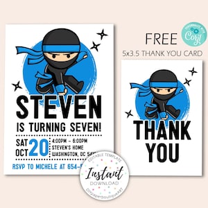 Ninja verjaardagsuitnodiging, Martial Arts uitnodigen, Ninja Party uitnodigen, Warrior verjaardagsuitnodiging, digitaal bestand, gratis Bedankkaart, Corjl