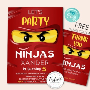Ninja Go Geburtstagseinladung, Karate Geburtstag, Ninja Party einladen, Krieger-Geburtstagseinladung, digitale Datei, KOSTENLOSE Dankeskarte, Corjl