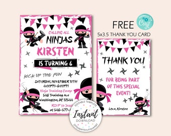 Ninja Birthday Invitation, Martial Arts Invite, Ninja Party Invite, Warrior Birthday Invitation, Ninja Girl, FREE Thank You Card, Corjl