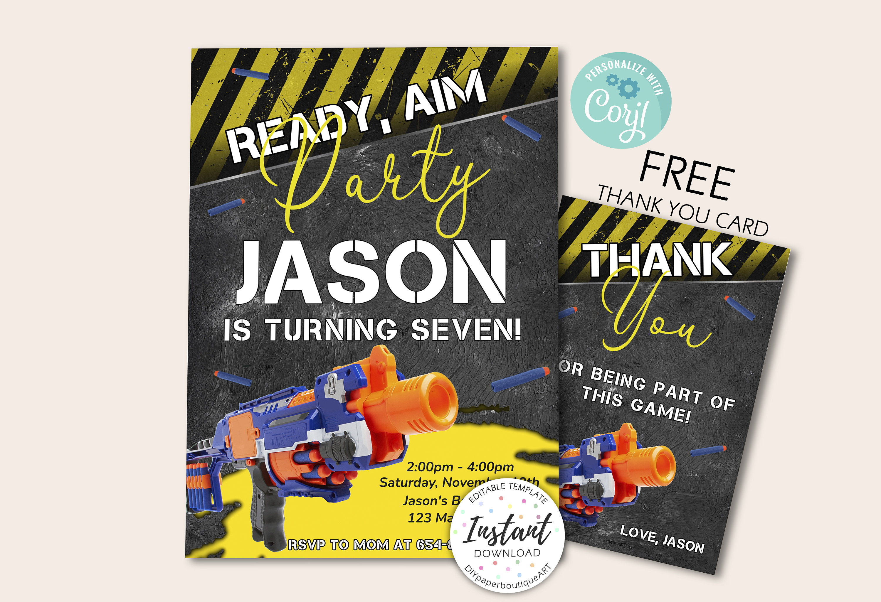 Editable Nerf Birthday Party Invitation, Dart Gun Invite for Boys ...
