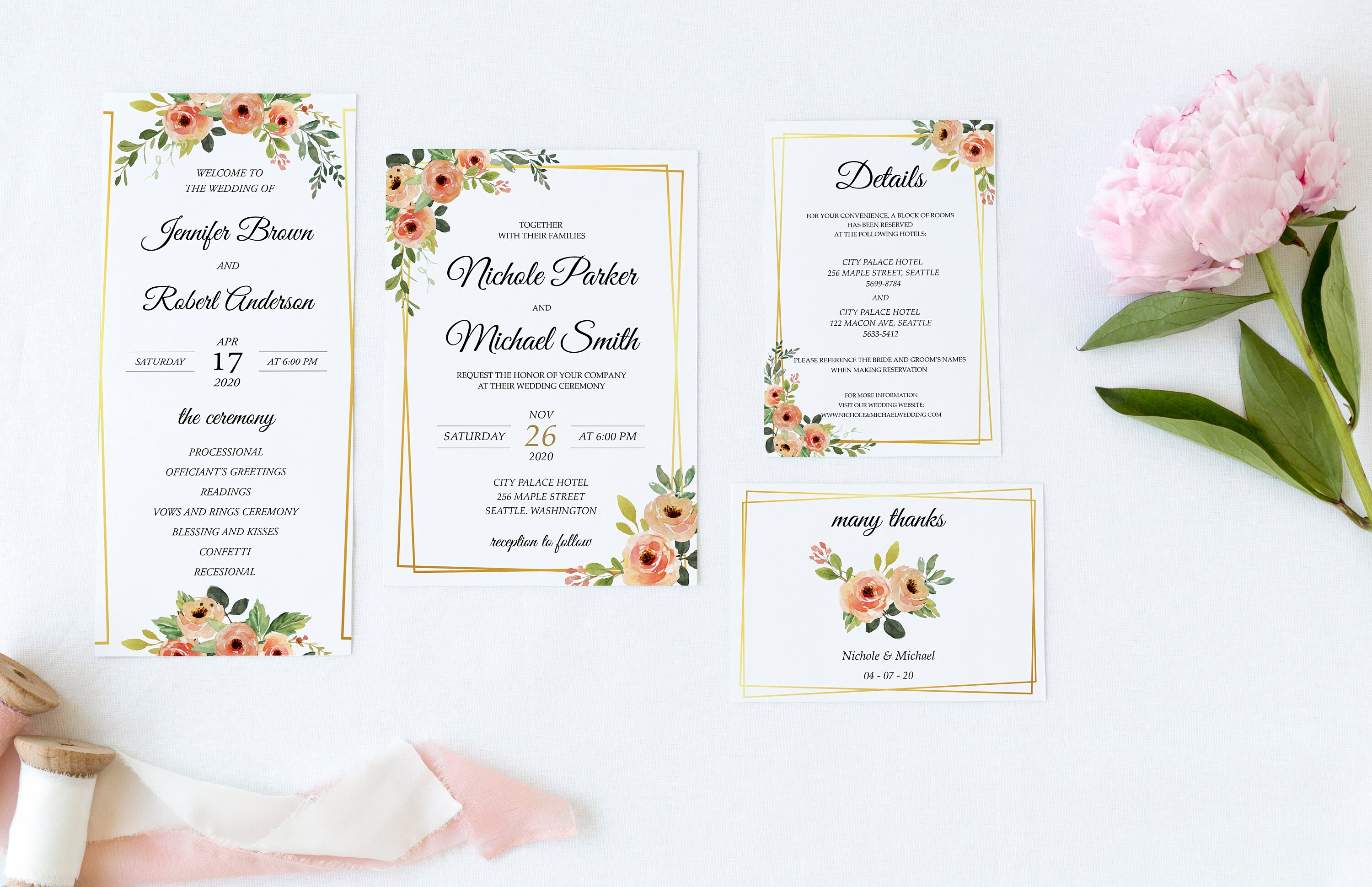 Flower Wedding Invitation Set Flower Template Wedding Etsy Flower Wedding Invitation Set Flower Template Wedding Etsy