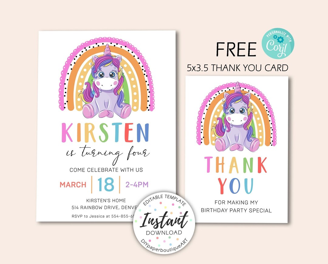 Rainbow Unicorn Birthday Invitation, Party Invite Girl, Editable Girls ...