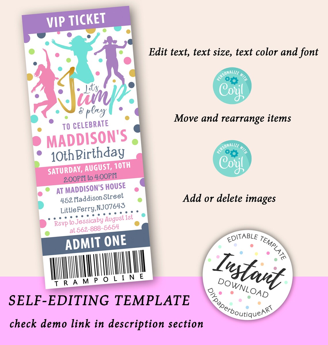 Jump Birthday Ticket Trampoline Party Invitation Bounce - Etsy
