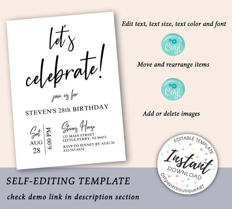 Let's Celebrate Party Invitation Online Editable Template Etsy