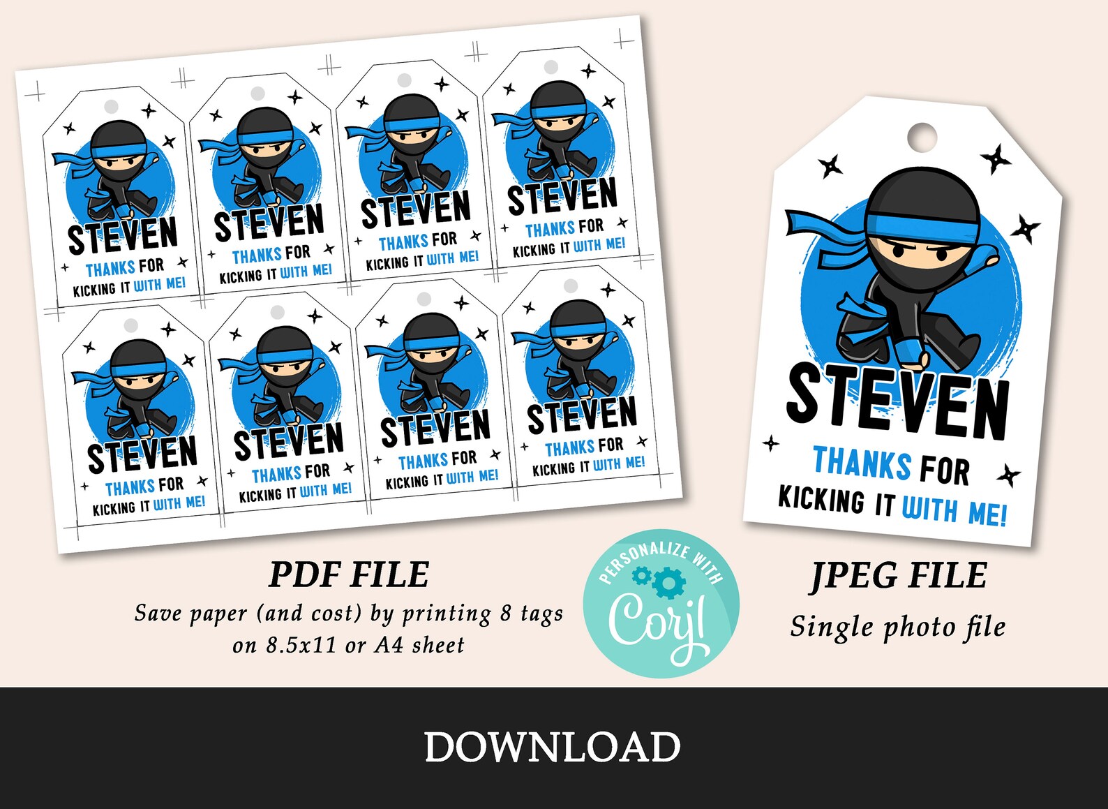 Ninja Favor Tags, Karate Favor Tags, Ninja Warrior Favor Tags, Martial Arts Favor Tags, Party