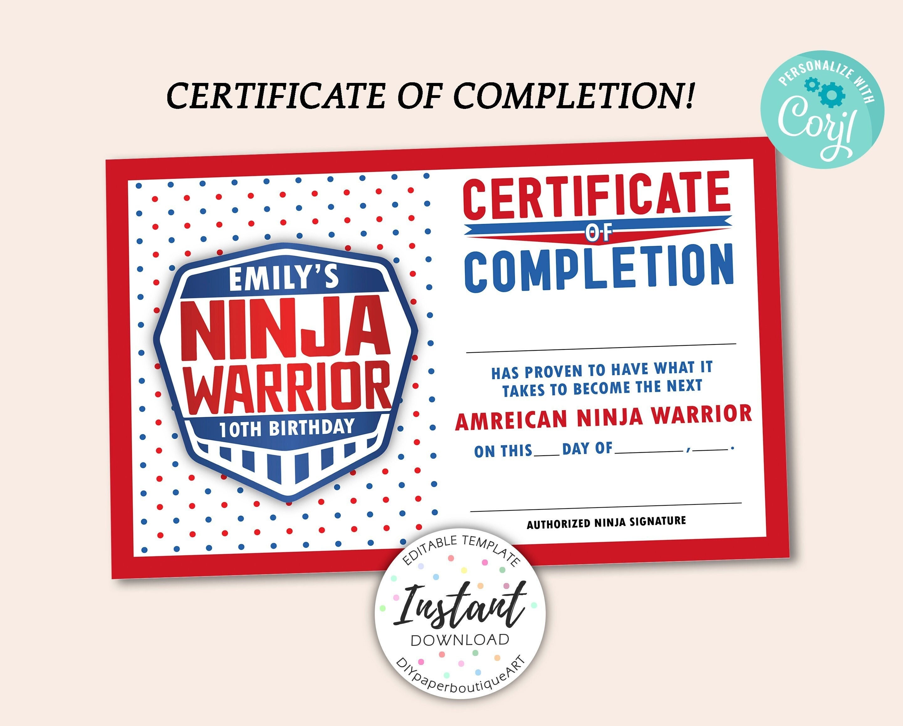 Ninja Warrior Certificate, Certificate of Completion, Course Completion ...