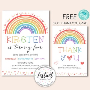 Rainbow Birthday Invitation, Party Invite Girl, Editable Girls Birthday Party Invite, Printable Rainbow Birthday Party Invitation, CORJL