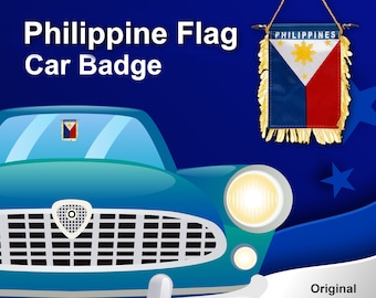May include: A blue car with a Philippine flag car badge on the windshield. The flag is also hanging from a string with the word "PHILIPPINES" printed on it. The text "Original Product" is printed below the flag with a smaller version of the flag next to it.