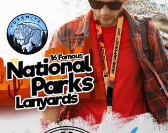 May include: A person wearing a red shirt and a plaid shirt over it, with a lanyard around their neck. The lanyard has a design of the Grand Canyon National Park. The text "16 Famous National Parks Lanyards" is visible in the image.