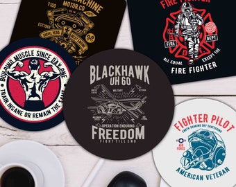May include: Set of four round mouse pads featuring different designs. One features a black and white illustration of a helicopter with the text "Blackhawk UH 60" and "Operation Enduring Freedom Fight Till End". Another features a black and white illustration of a muscular man with the text "Building Muscle Since Day One Train Insane Or Remain The Same". Another features a black and white illustration of a firefighter with the text "Fire Fighter All Equal Except The Fire Fighter". The last features a black and white illustration of a fighter pilot with the text "Fighter Pilot Earth Shaking Sky Shattering Air Force American Veteran".
