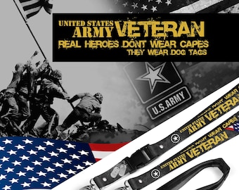 May include: Black and white lanyard with a camouflage pattern and the text "United States Army Veteran" in gold. The lanyard has a black clip and a silver dog tag charm. The background of the image is a black and white image of soldiers raising a flag.