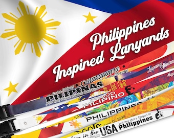 May include: A collection of colorful lanyards with various designs and text, including "Philippines", "Proud Filipino", and "I may live in the USA but my story began in Philippines". The lanyards are inspired by the Philippine flag, which is visible in the background.