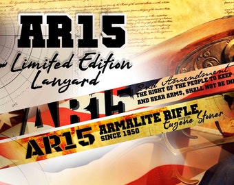 May include: A black and white image of an AR-15 rifle with a red, white, and blue American flag in the background. The text "AR15 Limited Edition Lanyard" is displayed in black text on a white background. The text "2nd Amendment THE RIGHT OF THE PEOPLE TO KEEP AND BEAR ARMS, SHALL NOT BE INFRINGED" is displayed on a white banner with a red, white, and blue American flag design. The text "ARMALITE RIFLE SINCE 1950 INVENTOR Eugene Stoner" is displayed on a white banner with a red, white, and blue American flag design.