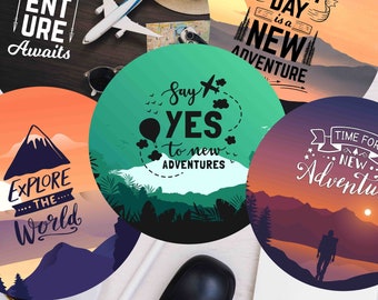 May include: A collection of round coasters with travel-themed designs. Each coaster features inspirational quotes like "Adventure Awaits," "Explore the World," and "Every Day is a New Adventure." The coasters have colorful illustrations of mountains, sunsets, and airplanes.