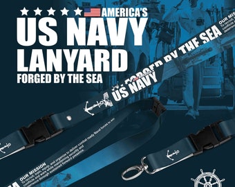 May include: A blue and white lanyard with an anchor and the text "US Navy Forged by the Sea" and "Our Mission: To recruit, train, equip, and organize to deliver combat ready Naval forces to win conflicts and wars while maintaining security and deterrence through sustained forward presence."