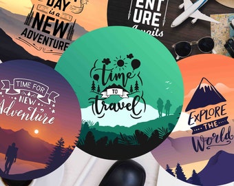 May include: Four round coasters with inspirational travel quotes. The coasters feature scenic landscapes with mountains, sunsets, and trees. The quotes include "Every day is a new adventure", "Adventure awaits", "Time to travel", and "Explore the world".
